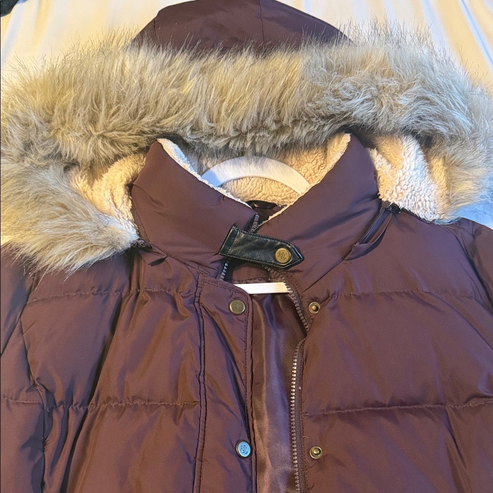 Ralph Lauren Women's Purple Hooded Jacket with Faux Fur Trim